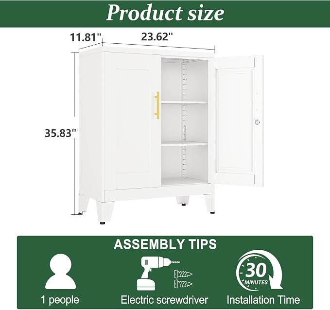 White Metal Storage Cabinet, 36" Tall Locking Storage Cabinet with 2 Adjustable Shelves, Steel Locker Organizer, for Office, Home, School, 11.81" D x 23.62" W x 35.83" H, 2PS