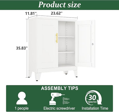 White Metal Storage Cabinet, 36" Tall Locking Storage Cabinet with 2 Adjustable Shelves, Steel Locker Organizer, for Office, Home, School, 11.81" D x 23.62" W x 35.83" H, 2PS