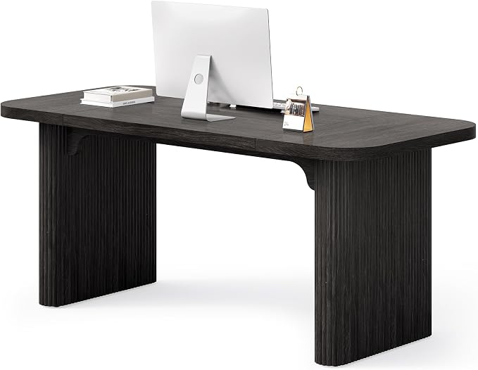LITTLE TREE 62-Inch Computer Desk, Large Simple Writing Desk with Fluted Double Pedestal, Modern Home Office Desk, Wooden 5 Ft Small Conference Meeting Seminar Table, Charcoal Black