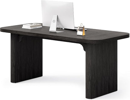 LITTLE TREE 62-Inch Computer Desk, Large Simple Writing Desk with Fluted Double Pedestal, Modern Home Office Desk, Wooden 5 Ft Small Conference Meeting Seminar Table, Charcoal Black