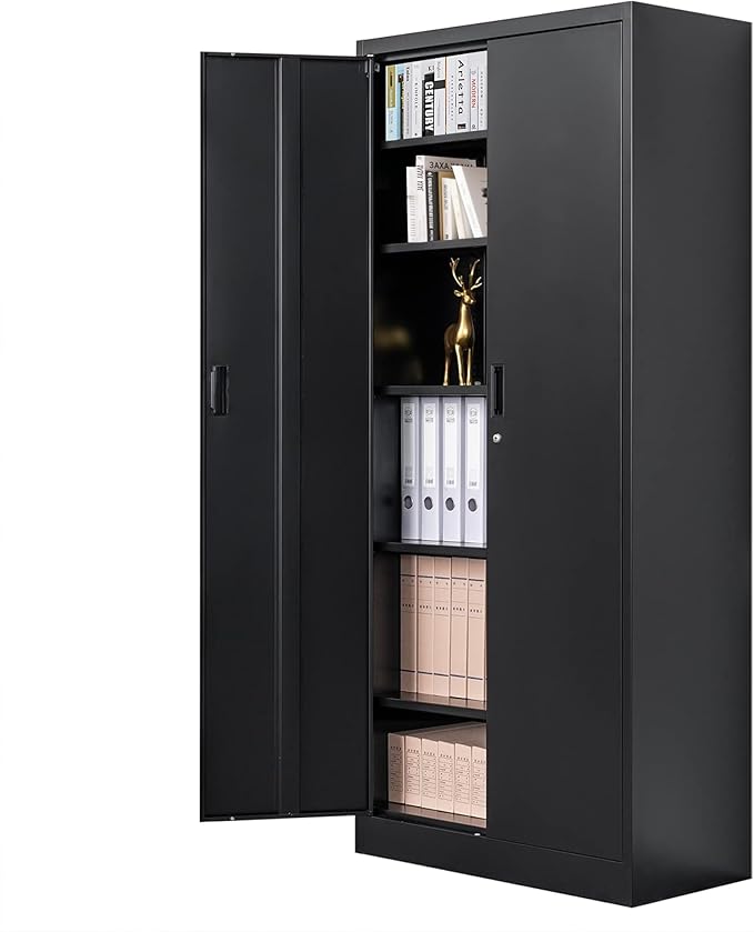 CMY Metal Storage Cabinet, 71" Locking Cabinet with 5 Adjustable Shelves, Large Steel Storage Cabinets for Garage, Home Office, Pantry -Black