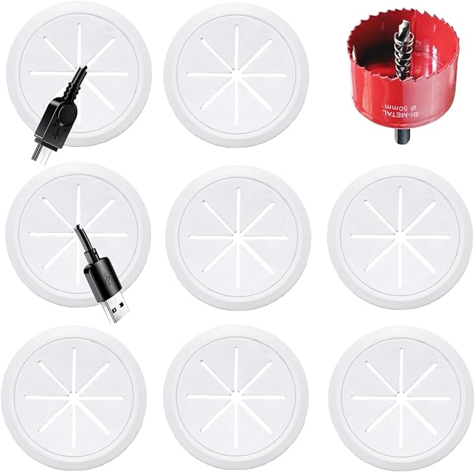8 Pack TV Wire Hider for Wall, 1.97 Inch (50mm Hole) Cord Hider in Wall Cable Management Kit, Includes 8 Pass Throughs and 1 Hole Saw Drill Attachment Easy to Install