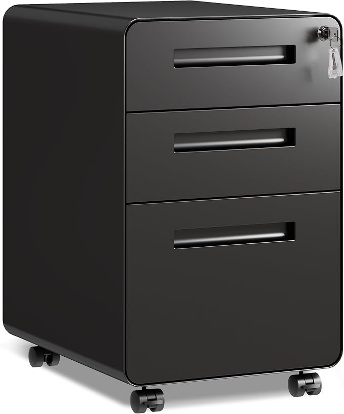 DEVAISE 3 Drawer Mobile File Cabinet, Under Desk Metal Filing Cabinet with Lock for Home Office, Office File Cabinet fits Letter/Legal Size, Pre-Assembly, Black