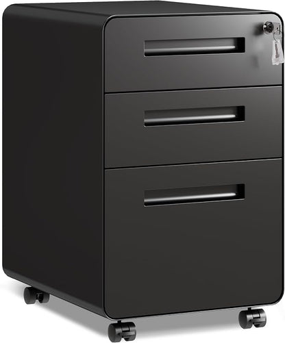 DEVAISE 3 Drawer Mobile File Cabinet, Under Desk Metal Filing Cabinet with Lock for Home Office, Office File Cabinet fits Letter/Legal Size, Pre-Assembly, Black