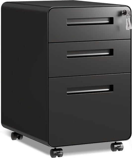 DEVAISE 3 Drawer Mobile File Cabinet, Under Desk Metal Filing Cabinet with Lock for Home Office, Office File Cabinet fits Letter/Legal Size, Pre-Assembly, Black
