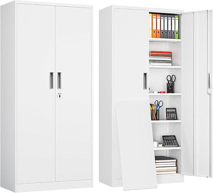Metal Garage Storage Cabinets,71” Tall Metal File Cabinet with 5 Adjustable Shelves, Lockable Storage Cabinets for Office, Home, Garage, Warehouse 71" H x 32" W x 16" D (White)