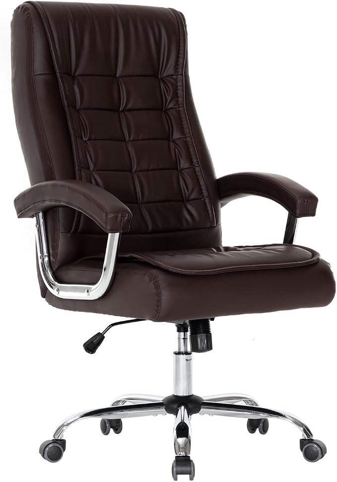 Executive Office Chair Adjustable Leather Chair High Back Swivel Office Desk Chair with Padded Armrest 350lbs Load-Bearing Spring Seat Computer Desk Chair for Home Office, Brown