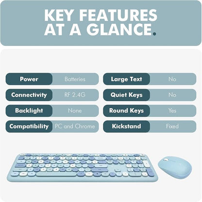 X9 Cute Wireless Keyboard and Mouse Combo - Retro Typewriter Keyboard and Mouse with Round Bubble Keys, 110 Keys and 18 Shortcuts Keyboard - Colorful Blue Keyboard Mouse Combo for PC Computer, Laptop