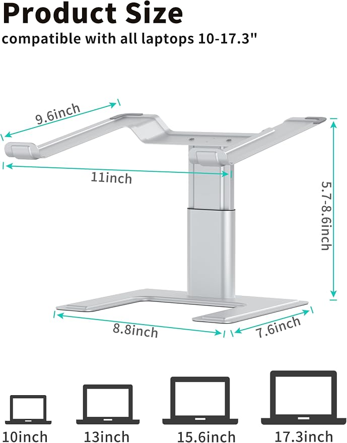ALASHI Laptop Stand for Desk, Computer Stand Adjustable Height, Ergonomic Notebook Laptop Riser, Aluminum Metal Holder Compatible with 10 to 17.3 Inches Notebook PC Computer, Silver