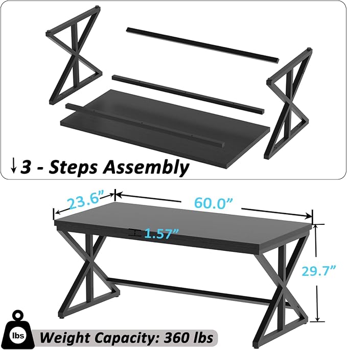 IBF Modern Black Computer Desk, Long Home Office Desk for Writing Study, Large Simple Wood Metal Work Desk in Bedroom, Big Industrial Pc Gaming Workstation Executive Computer Table, Black Oak, 60 Inch