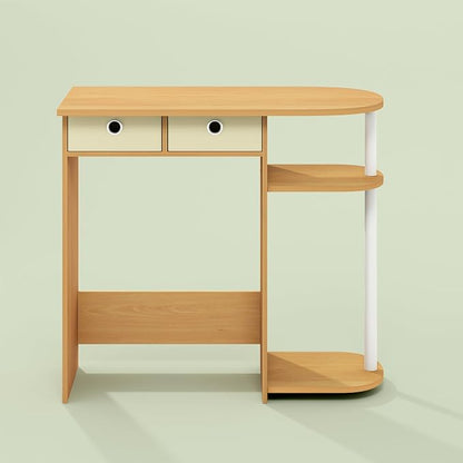Ipoh Home Computer Desk, 32 Inch Writing Desk, Study Desk with Side Shelves and Bin Storage, for Home Office, Study Room, Natural/White