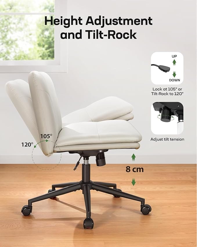 Marsail Criss Cross Office Chair with Wheels, Armless Wide Desk Chair for Active Sitting, PU Leather Cross Legged Chair for Home Office, Pet-Friendly & Easy Clean, Beige