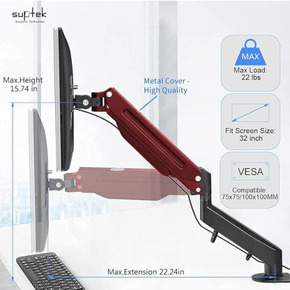 Suptek Monitor Mount Gas Spring Monitor Arm Desk Mount Fully Adjustable Fits 17 20 22 23 24 26 27 32 35 inch Monitors Weight Capacity up to 24.25 lbs