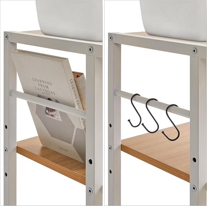 YMYNY Mobile Printer Stand, 3-Tier Printer Cart with Adjustable Storage Shelf and 6 S-Hooks, Tall Printer Table for Home Office, for Computer Tower Stand, Shredder, CPU Stand, Natural, UHPT002N