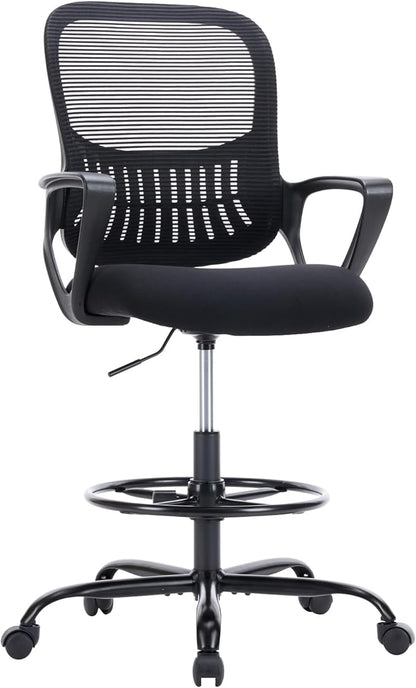 DUMOS Drafting Chair - Counter Height Adjustable Tall Office Desk Chair with Fixed Armrests and Comfortable Lumbar Support for Standing Desk, for Bedroom Livingroom, Black