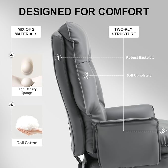 Big and Tall Office Chair 500LBS, Ergonomic Gaming Chair Reclining Office Chair with Foot Rest for Adult,Pu Leather Computer Desk Chair with Adjustable Armrests for Home Living Room,Grey