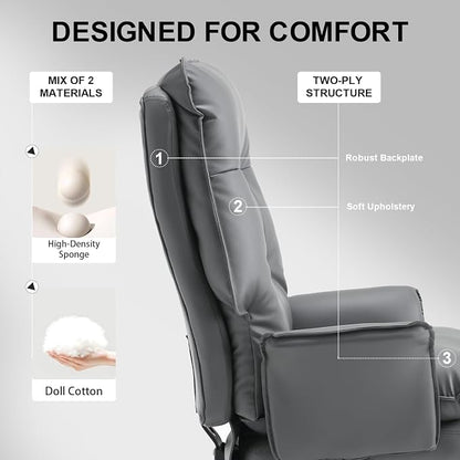Big and Tall Office Chair 500LBS, Ergonomic Gaming Chair Reclining Office Chair with Foot Rest for Adult,Pu Leather Computer Desk Chair with Adjustable Armrests for Home Living Room,Grey