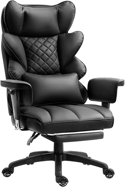 Dowinx Big and Tall Office Chair with Pocket Spring Cushion,High Back Computer Gaming Chairs with Adjustable Armrests,Executive Desk Chairs with Lumbar Support and Footrest,PU Leather-Black