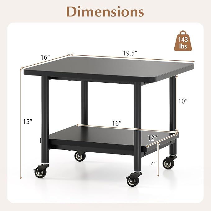 GOFLAME Under Desk Printer Stand, 2-Tier Mobile Printer Table with Storage Shelf, Metal Frame, Rolling Printer Cart Holder Storage Rack with Lockable Wheels for Home Office, Black
