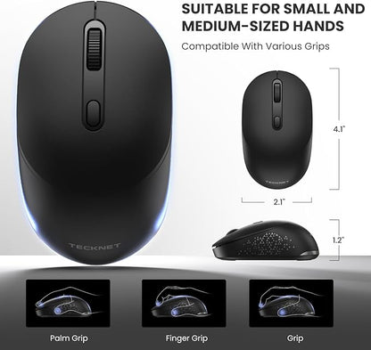 TECKNET Bluetooth Wireless Mouse, Bluetooth 5.2 & 2.4G USB-A Receiver, Compact & Portable, Silent Click, Ergonomic Symmetrical Design, 18-Month Battery, Adjustable DPI, Wide Compatibility - Black