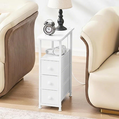 DALEMHOME Narrow End Table with Charging Station, Narrow Side Table with Drawer, Small Nightstand with LED Light, Skinny Nightstand, Small Bedside Table for Living Room, Bedroom, Couch, White