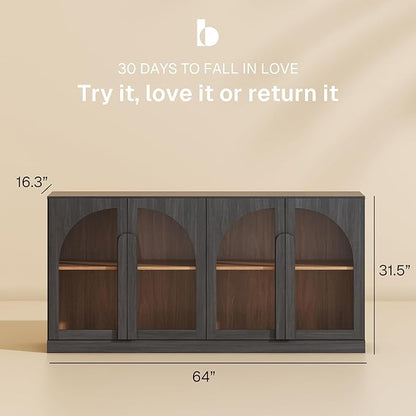 BELLEZE 64" Kitchen Storage Cabinet with Adjustable Shelves, Freestanding Accent Cabinet with Arched Glass Doors for Living Room, Dining Room, Entryway, Ebony