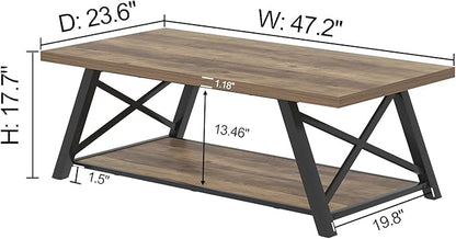 EXCEFUR Modern Coffee Table, Rectangle Center Table for Living Room with Storage Shelf, Industrial Wood and Metal Cocktail Tea Table, Rustic Oak, 47 Inch