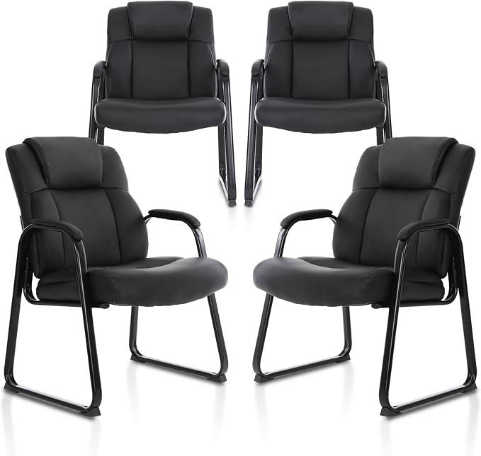 CLATINA Big & Tall 500 lb. Guest Chair, Leather Reception Chairs with Sled Base and Padded Arm Rest for Waiting Room Office Home and Meeting Conference-Black (4 Pack)