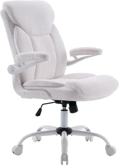 Fabric Executive Office Chair - Ergonomic Computer Chair with Flip-up Arms Comfy Cloth Home Desk Chairs Mid Back Support Adjustable Height Tilt Lock Swivel Rolling Wheels, White