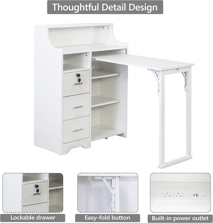Folding Desk with Storage,Hidden Desk with Lockable Drawers & Shelves, Built-in Power Outlet,Fold Out Desk for Study and Home Office