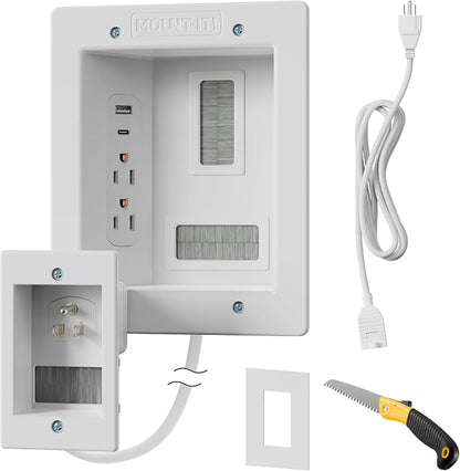 Mount-It in-Wall TV Cable Management Kit, Dual Outlet, TV Cord Hider | ETL Certified Recessed Power with USB-C and USB-A, 9ft Behind-Wall and 5ft External Cords, TV Wire Hider for Wall Mount