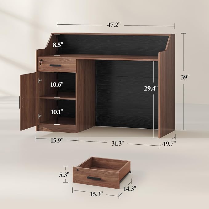Reception Desk with Counter, Front Desk with Storage Cabinet and Drawer, 47 inch Modern Retail Counter with Cable Grommet for Checkout, Barber, Beauty Salon, Home Office