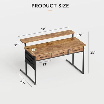 Maihail Computer Desk with Drawers, 47.2X15.8-22.9 Inches Office Computer Desk with Side Pocket & Ergonomic Monitor Stand, Writing Table for Small Spaces, Bedroom, Rustic Brown