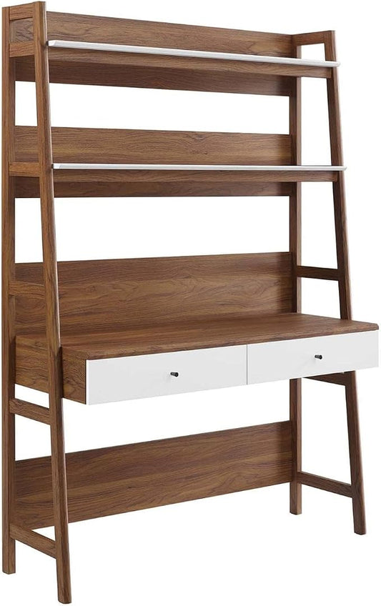 Modway Bixby Home Office Desk with Bookshelf in Walnut White