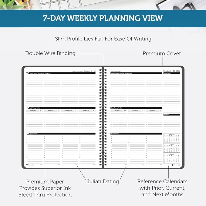 Planner Pad Spiral Bound 3-Tier Funnel Down 12 Month Organizer, October 2025 – September 2026, Black Cover/Black Ink, 8 1/2" x 11"