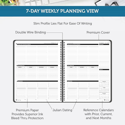 Planner Pad Spiral Bound 3-Tier Funnel Down 12 Month Organizer, October 2025 – September 2026, Black Cover/Black Ink, 8 1/2" x 11"