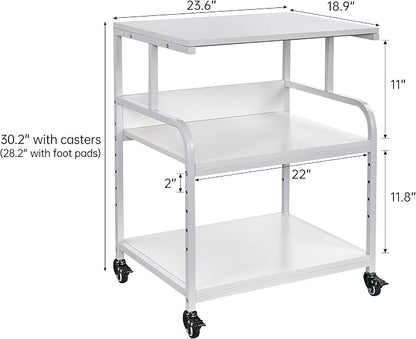 Fannova White Printer Stand, 23.6 x18.9 x 30 Inches Big Size Printer Table with Adjustable Shelf, 3 Tier Rolling Printer Cart with Wheels for Home Office Storage and Organization