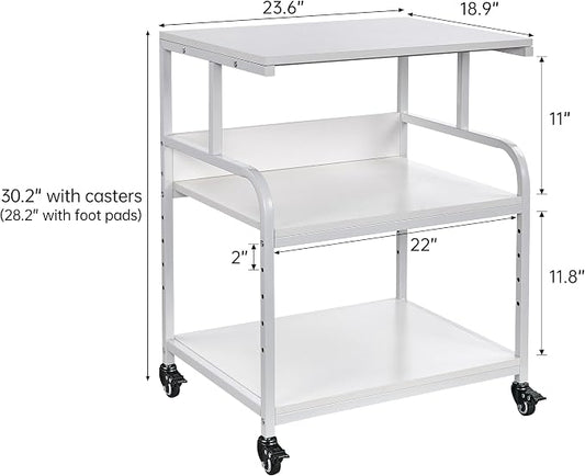 Fannova White Printer Stand, 23.6 x18.9 x 30 Inches Big Size Printer Table with Adjustable Shelf, 3 Tier Rolling Printer Cart with Wheels for Home Office Storage and Organization