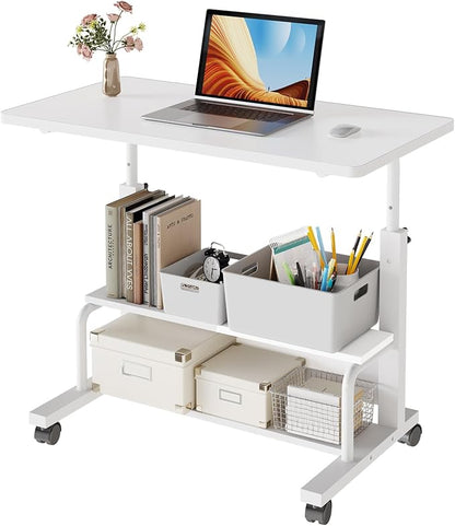DUMOS 31.5" Mobile Rolling Desk with 2-Tier Storage Shelves, Height Adjustable Computer Desks on Wheels, Portable Rolling Laptop Table for Small Spaces & Home Office White