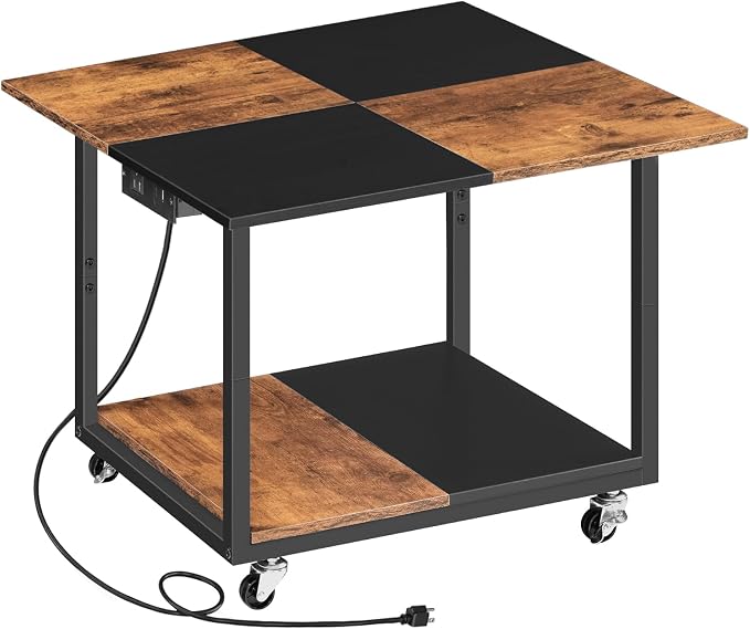 HOOBRO 23.6"×23.6" Large Printer Stand, Printer Table with Charging Station, Printer Cart on Wheels, Rolling Cart, for Office, Living Room, Rustic Brown and Black BF14UPS01