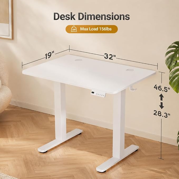 Claiks Electric Standing Desk 32 x 19 Inches, Compact Adjustable Height Motorized Sit Stand Desk with 3 Memory Presets & Cable Management, Space-Saving Computer Workstation for Bedroom, White