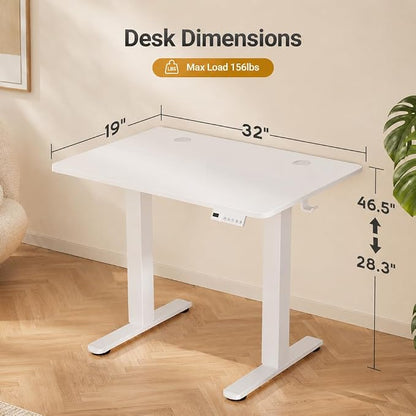 Claiks Electric Standing Desk 32 x 19 Inches, Compact Adjustable Height Motorized Sit Stand Desk with 3 Memory Presets & Cable Management, Space-Saving Computer Workstation for Bedroom, White