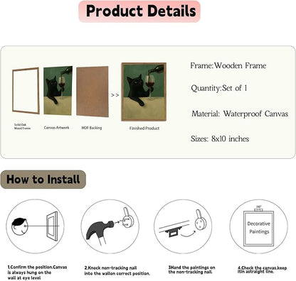 Funny Black Cat Wall Art 8x10 Inch Moody Black Cat with Wine Glass Canvas Wall Decor Whimsical Animal Bar Cart Poster Canvas Prints for Bathroom Kitchen Bar Wood Framed