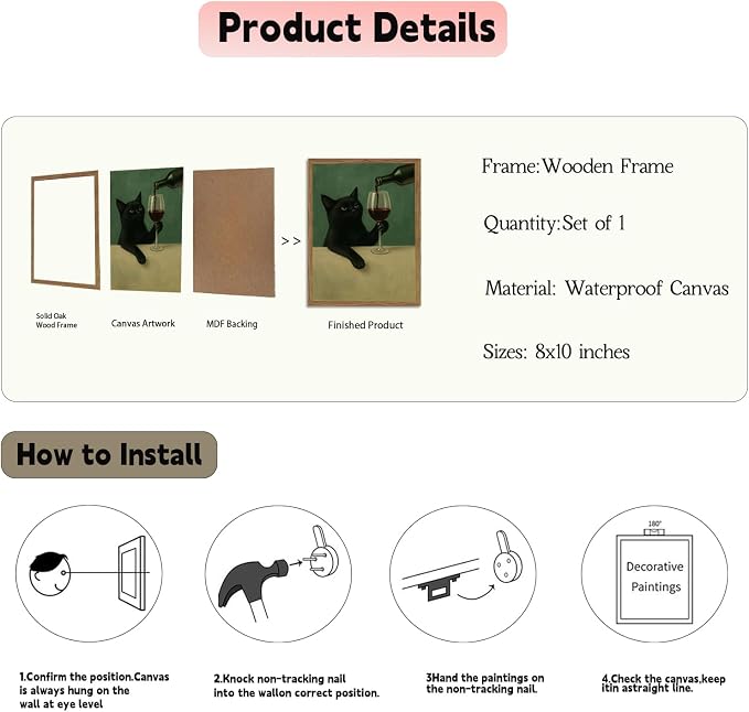 Funny Black Cat Wall Art 12x16 Inch Moody Black Cat with Wine Glass Canvas Wall Decor Whimsical Animal Bar Cart Poster Canvas Prints for Bathroom Kitchen Bar Wood Framed