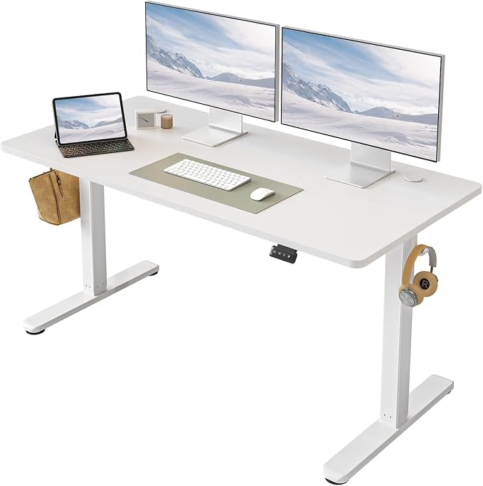 FAMISKY Electric Standing Desk, 55 x 24 Inches Height Adjustable Desk, Ergonomic Home Office Computer Workstation with Splice Board, White