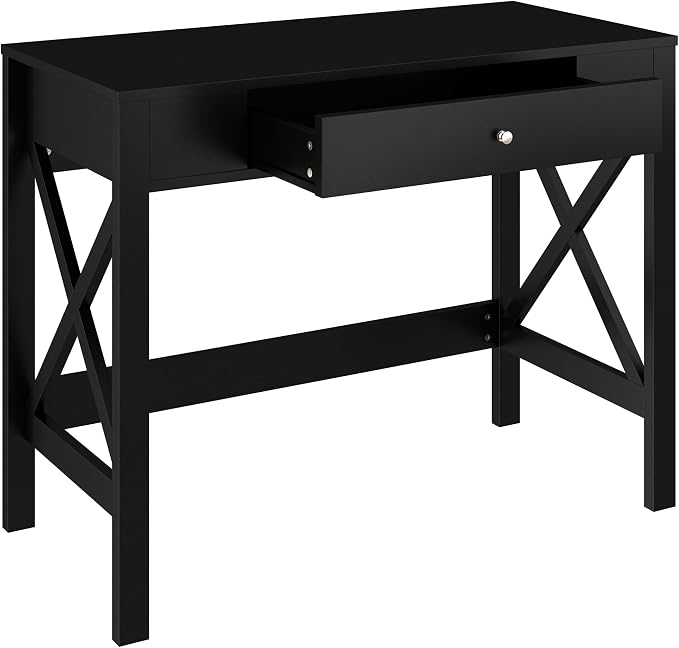Lavish Home Writing Desk - Modern Desk with X-Pattern Legs and Drawer Storage - for Home Office, Bedroom, Computer, or Craft Table (Black)