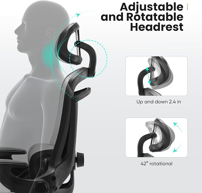 Sweetcrispy Office Ergonomic Desk Chair, 300 LBS Home Mesh Chairs with Wheels, 2D Headrest, Up&Down Lumbar Support, Swivel High Tall Back Computer with Flip-up Armrests, Dark Grey
