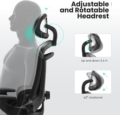 Sweetcrispy Office Ergonomic Desk Chair, 300 LBS Home Mesh Chairs with Wheels, 2D Headrest, Up&Down Lumbar Support, Swivel High Tall Back Computer with Flip-up Armrests, Dark Grey