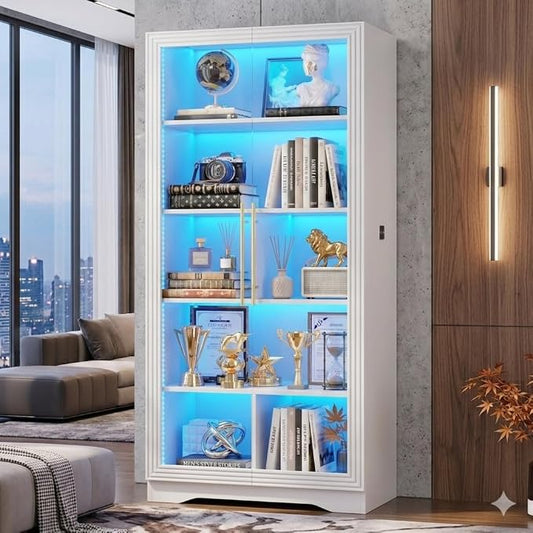 Vlsrka LED Display Cabinet with Glass Doors, Modern Storage Cabinet with 5 Tier Adjustable Shelves, Human Sensor, for Collectibles, 65" Tall Bookcase for Home Office Living Room, White