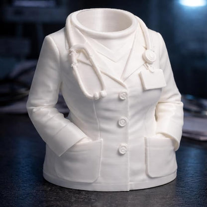 3D Printed Doctor Coat Pen Holder - Realistic Medical Desk Organizer with Stethoscope, White Doctor Sculpture Pen Cup for Office, Nurse, Medical Student Gift 4.8"x2.83"x4.72" (Female Doctor Style 2)